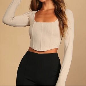 Lulus Cream Long Sleeve Ribbed Top